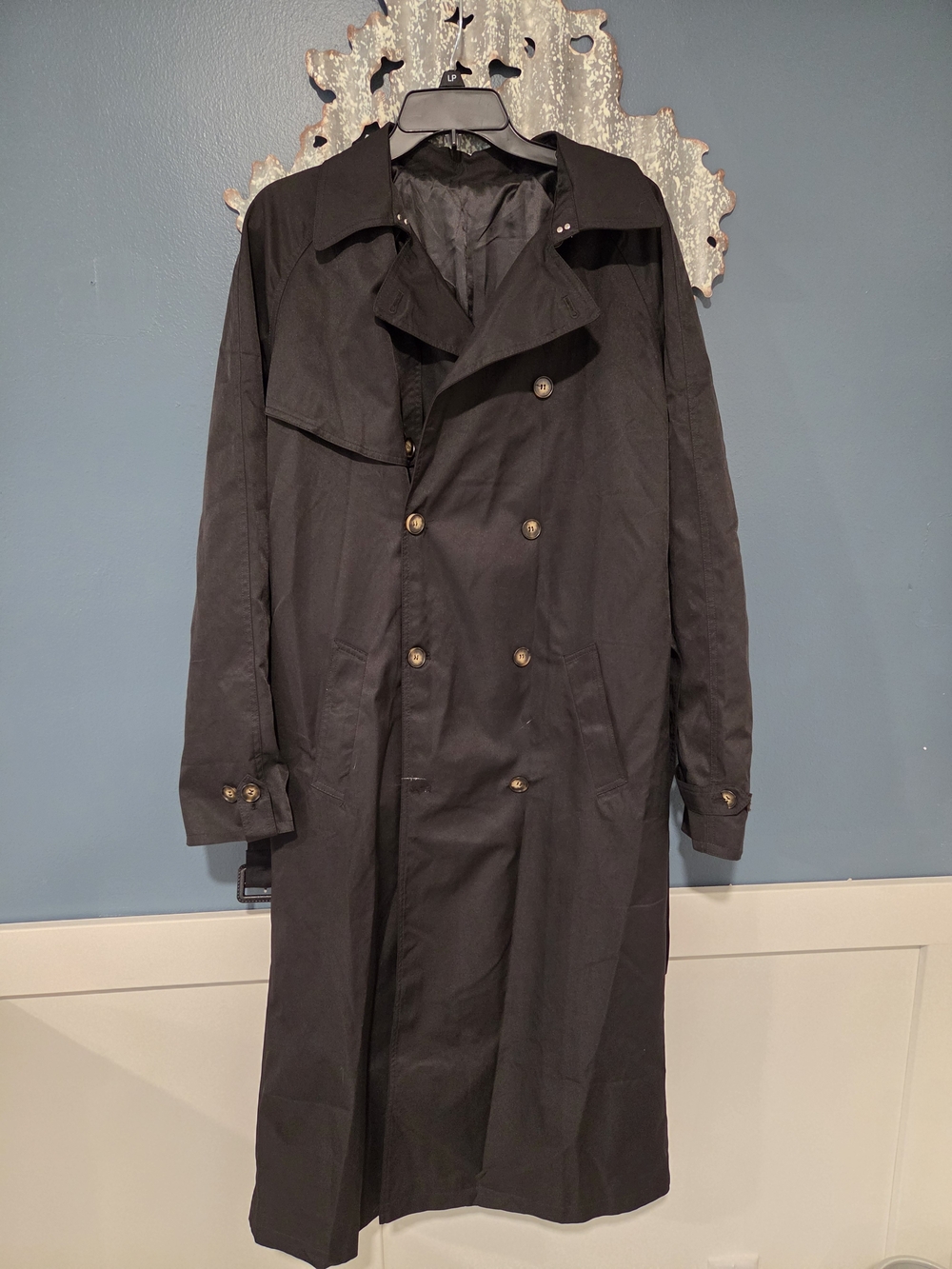 Men's Double-Breasted Black Trench Coat. Missing Button.